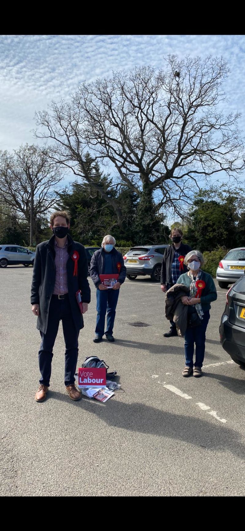 Campaigning during Covid - Mark Todd and fabulous Epsom and Ewell Labour team out canvassing in the County Council Elections April 2021 - Court Rec Car Park