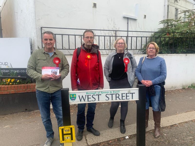Chris Ames, Rob Geleit, Sarah Kenyon, and Kate Chinn campaigning on West Street in Epsom