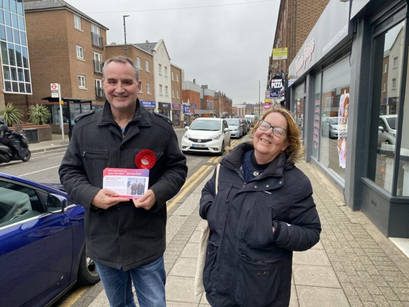 Chris Ames and Kate Chinn (Court Ward candidates, Local elections 2023) campaigning near the Odeon cinema in Epsom