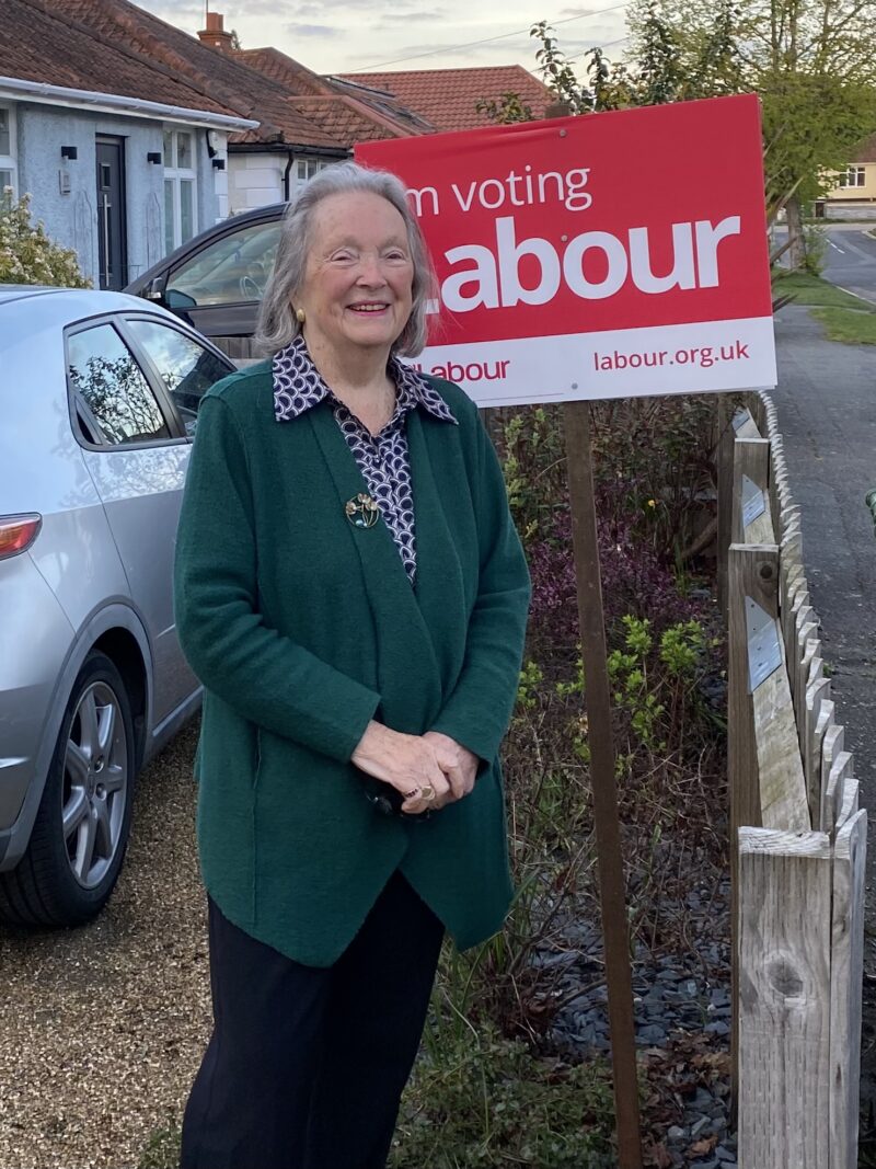 Esteemed psychotherapist, Sandra Hatfield, our candidate for Ewell Village 2023 Local elections with her Vote Labour Sign 