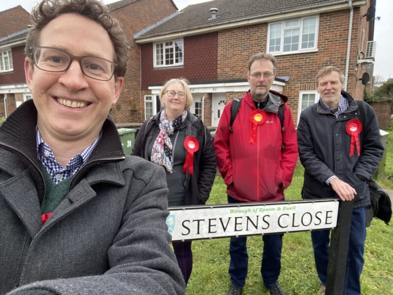 Bad selfie by Mark: campaigning with Sarah Kenyon, Rob Geleit, and Stuart Gosling at Stevens Close in Epsom