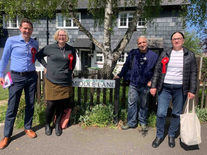 Local Labour members canvassing Middle Lane Epsom, Local Elections 2023: Mark Todd Chair, Sarah Kenyon Town Ward candidate, Naim, and Sue our Women