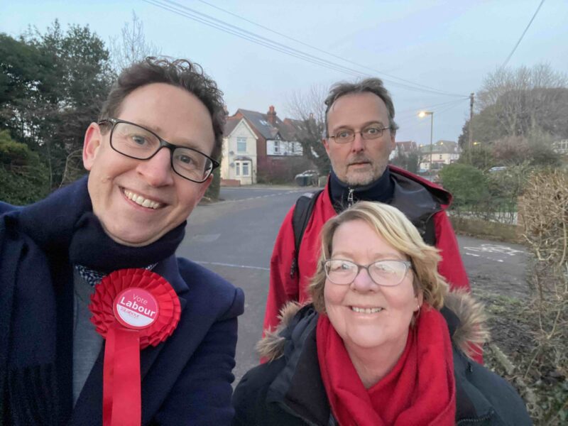 Mark Todd, Kate Chinn and Rob Geleit out campaigning (near Wingrave Vets) during the cold snap in March 2023. It was a bit chilly!